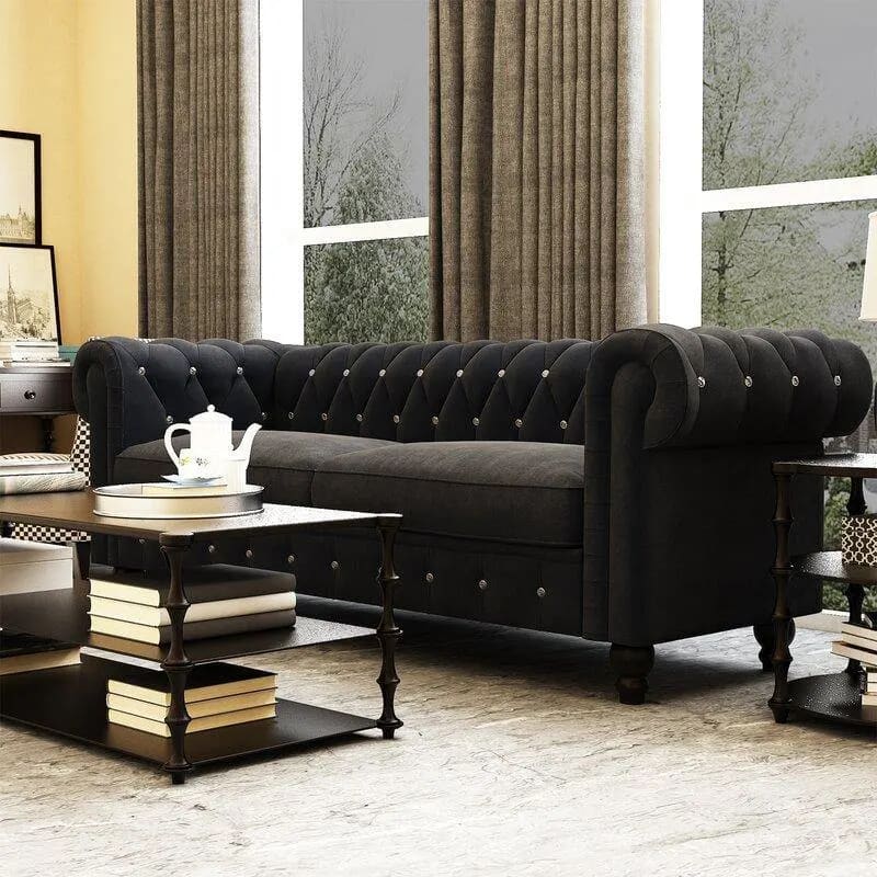 Graceful 3-Seater Velvet Fabric Button Tufted Rolled Arm Chesterfield Sofa ( Black ), view 2