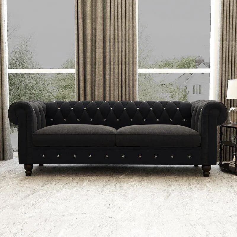 Graceful 3-Seater Velvet Fabric Button Tufted Rolled Arm Chesterfield Sofa ( Black ), view 3