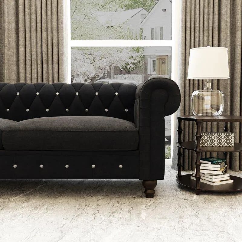 Graceful 3-Seater Velvet Fabric Button Tufted Rolled Arm Chesterfield Sofa ( Black ), view 4