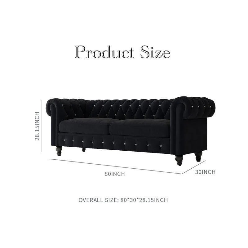 Graceful 3-Seater Velvet Fabric Button Tufted Rolled Arm Chesterfield Sofa ( Black ), view 7