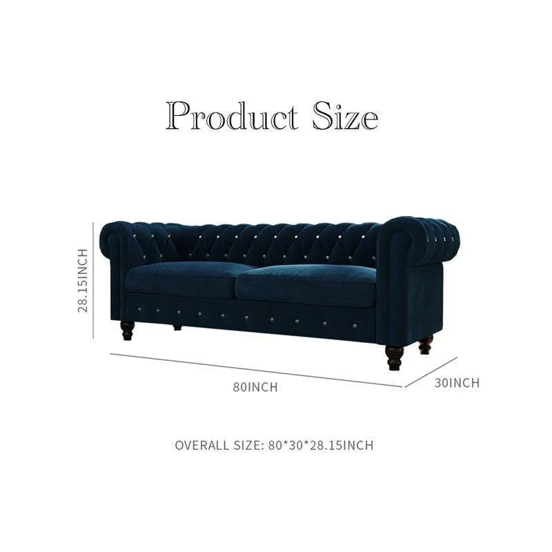 Graceful 3-Seater Velvet Fabric Button Tufted Rolled Arm Chesterfield Sofa ( Blue ), view 5