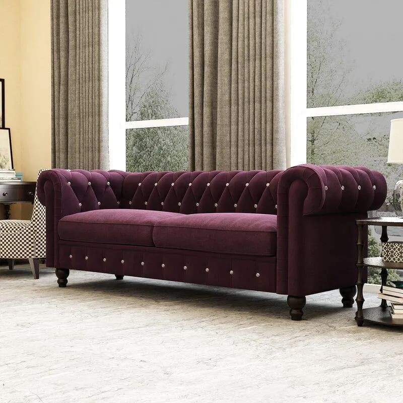 Graceful 3-Seater Velvet Fabric Button Tufted Rolled Arm Chesterfield Sofa ( Purple ), view 3