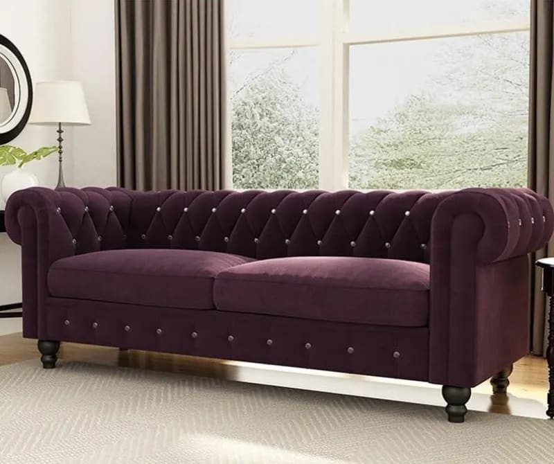 Graceful 3-Seater Velvet Fabric Button Tufted Rolled Arm Chesterfield Sofa ( Purple ), view 4
