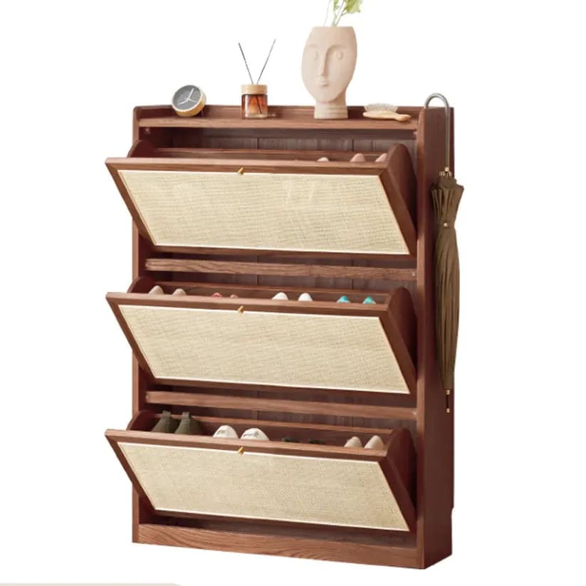 Grapple Cane Teak Wood Shoe Rack Cabinet, with 3 Shelves Space-Saving Shoe Storage Organizer for Entryway & Hallway, view 2