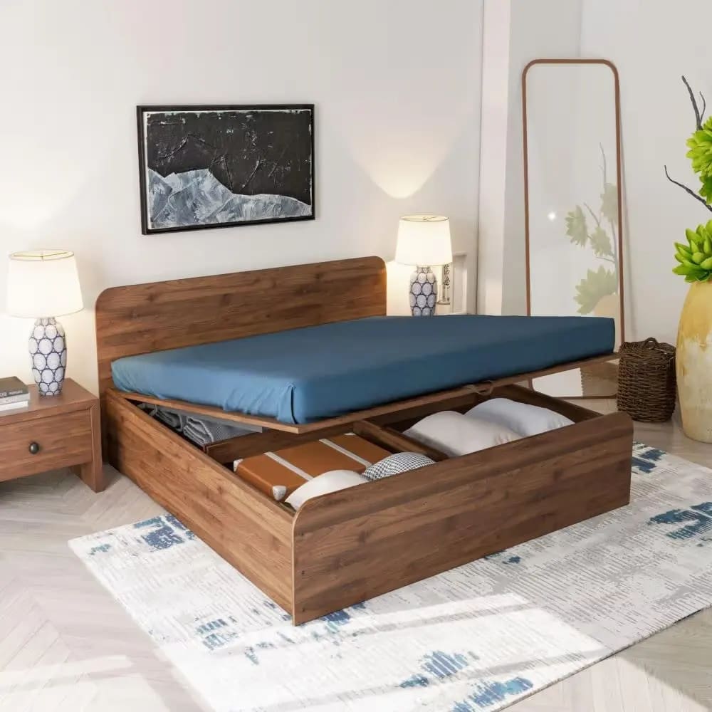 Grove Handmade Premium Teak Wood Hydraulic Storage King Size Bed Modern Space Saving Design with Elegant Finish