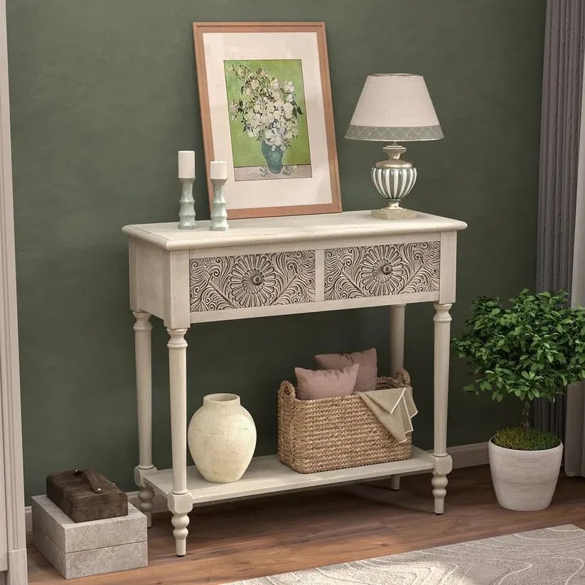 Habra Hand Carving Teak Wood Console Table with 2 Drawers Storage Rack for Living Room (Antique White), view 3