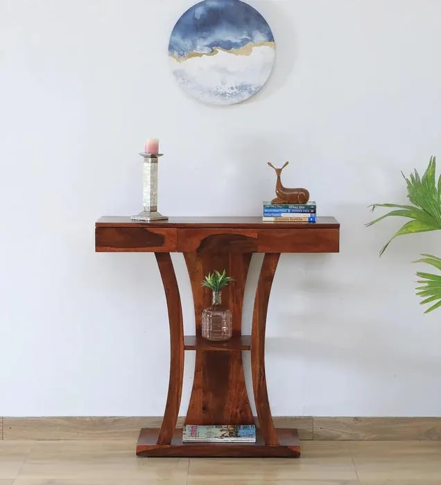Hallway Teak Wood Console Table T-Shape Rustic Entryway Table for Living Room (Brown)