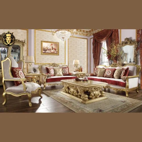 Hand Carved European Style Teak Wood Royal Sofa Set 3+2+1 with Coffee Table & 2 Side Tables Luxury Golden Finish Living Room