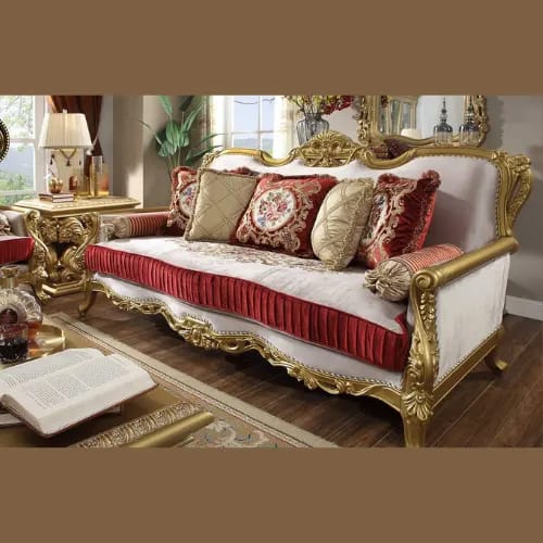 Hand Carved European Style Teak Wood Royal Sofa Set 3+2+1 with Coffee Table & 2 Side Tables Luxury Golden Finish Living Room, view 2