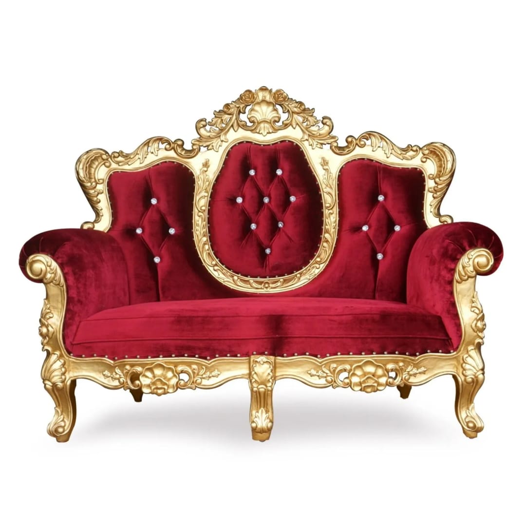 Hand-Carved Teak Wood 2-Seater Chaise Lounge Love Seat Luxurious Wedding with Golden Finish ( Red )