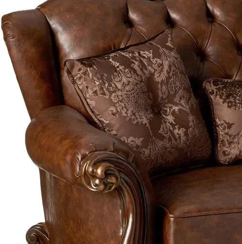 Hand-Carved Teak Wood 2-Seater Chaise Lounge with Leatherette Fabric ( Brown ), view 2