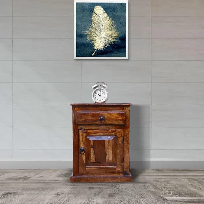 Handmade Classic Teak Wood Bedside Cabinet with 1 Drawer & 1 Door Rustic Wooden Nightstand