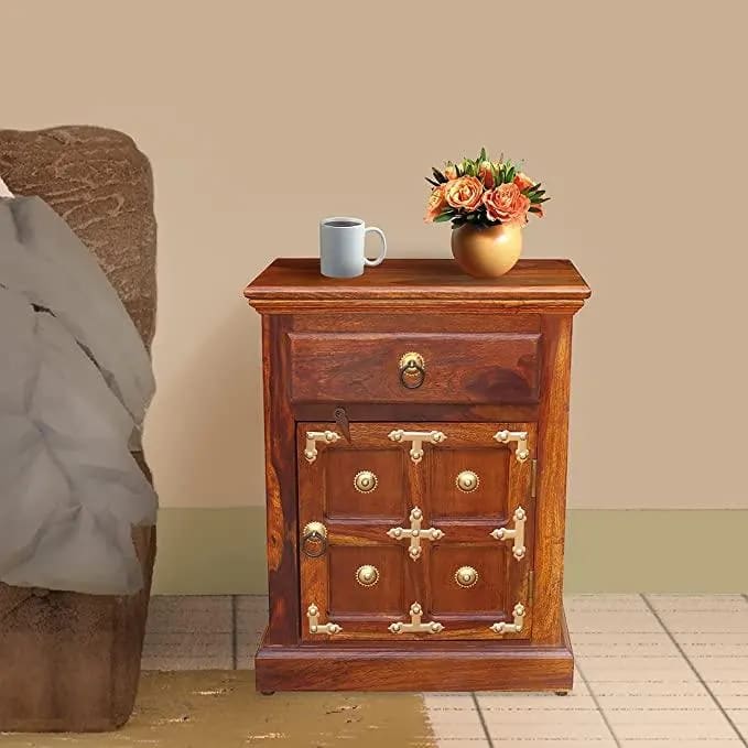 Handmade Classic Teak Wood Bedside Table with 1 Drawer Rustic Nightstand for Bedroom, Living Room