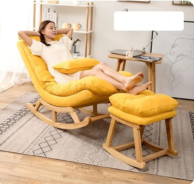 Handmade Superb Relaxing Comfortable Soft Fabric Teak Wood Recliner Chair with Ottoman, view 2