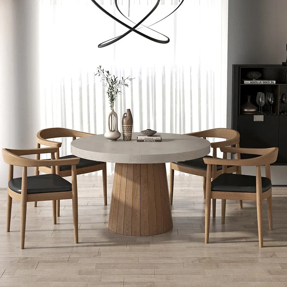Extendable Handmade Teak Wood 4 Seater Round Dining Table Set Modern Space-Saving for Dining Room, Kitchen