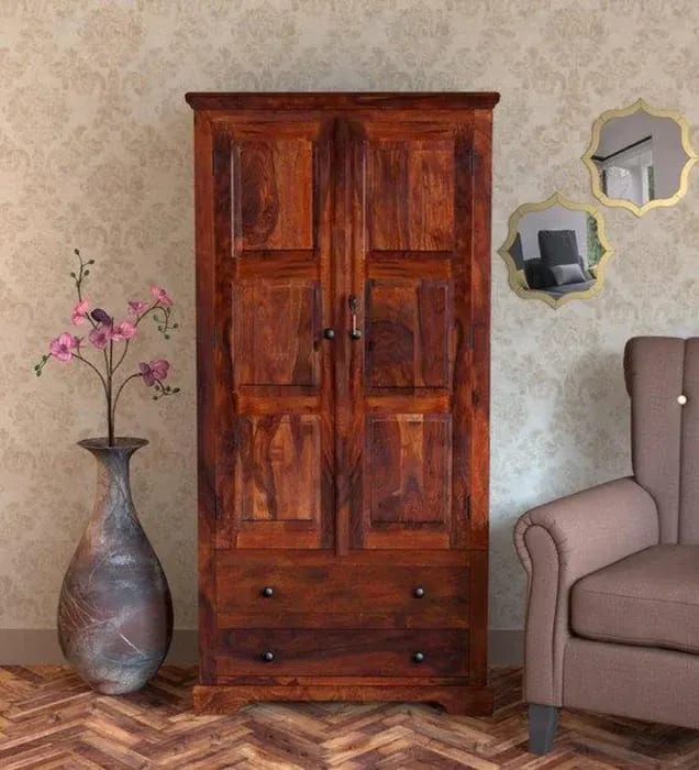 Handmade Teak Wood Wardrobes & Dressers for Elegant Bedroom Storage Solution with 2 Door (Honey Finish)