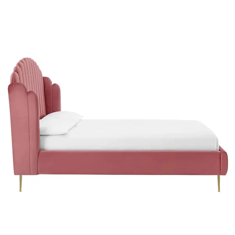 Harvey Scalloped Teak Wood Wingback Upholstery King Size Bed for Modern Bedroom ( Pink ), view 3