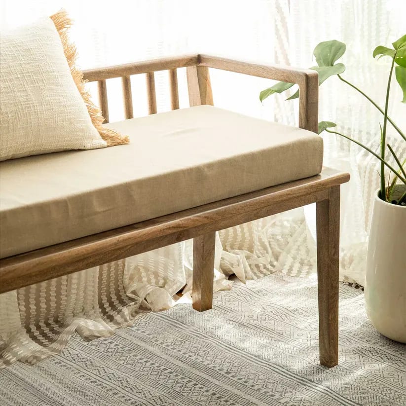 Hemis Teak Wood Rectangular Bench Handcrafted Rustic Modern Living Room Seating with Natural Texture, view 2