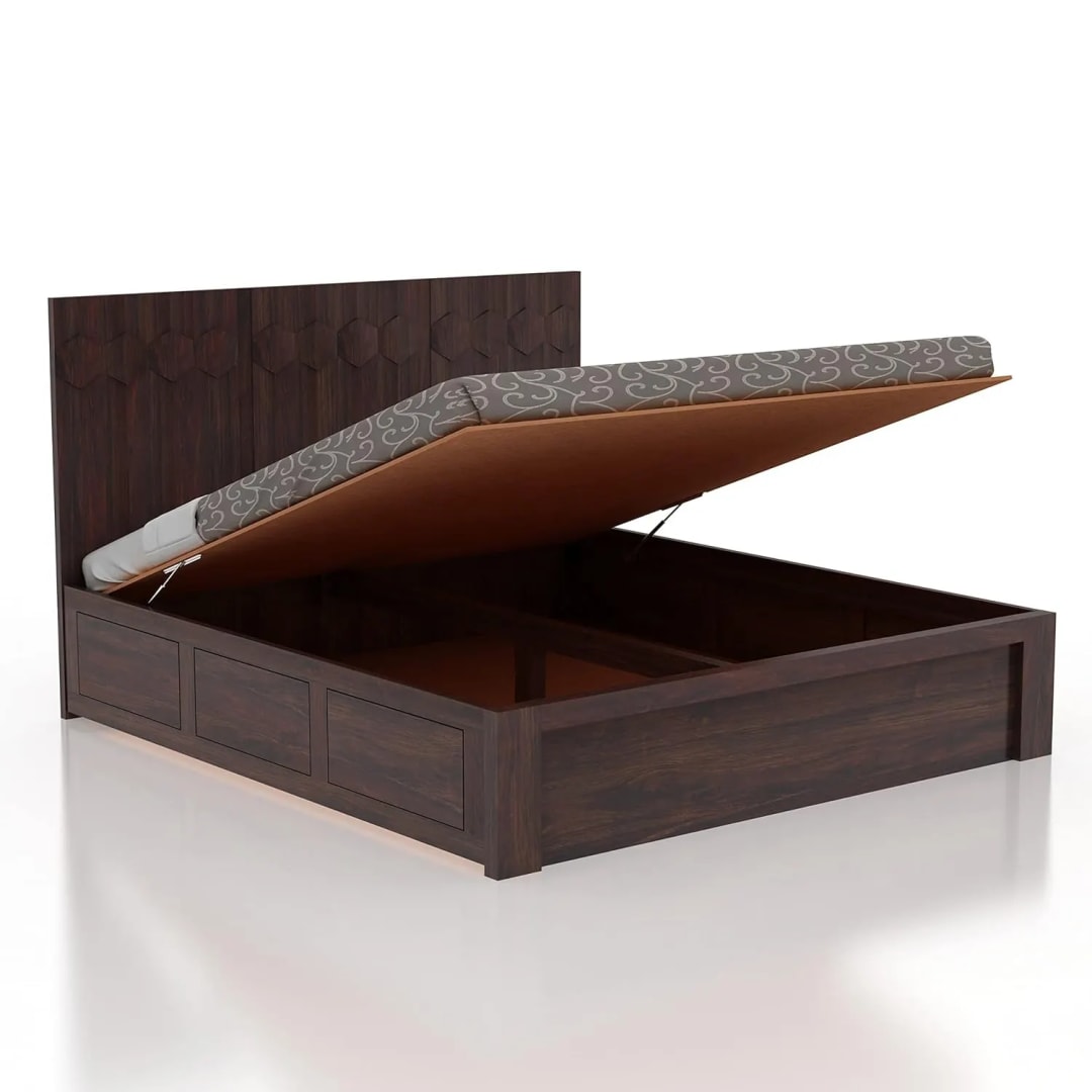 Hexa Handmade Premium Teak Wood Hydraulic Storage King Size Bed Modern Space Saving Design with Elegant Finish, view 2