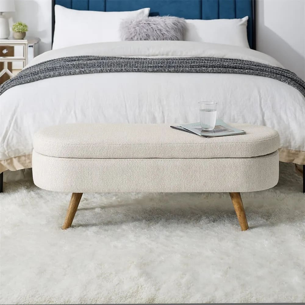 Hinge Entryway Oval Shape Polyester Fabric Teak Wood Bench