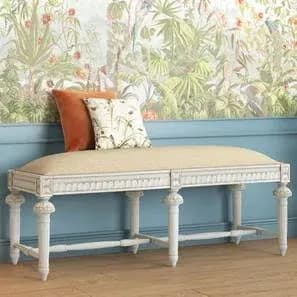 Hopsack Hand Carved Teak Wood Rectangular 3-Seater Bench ( White Antique Finish )