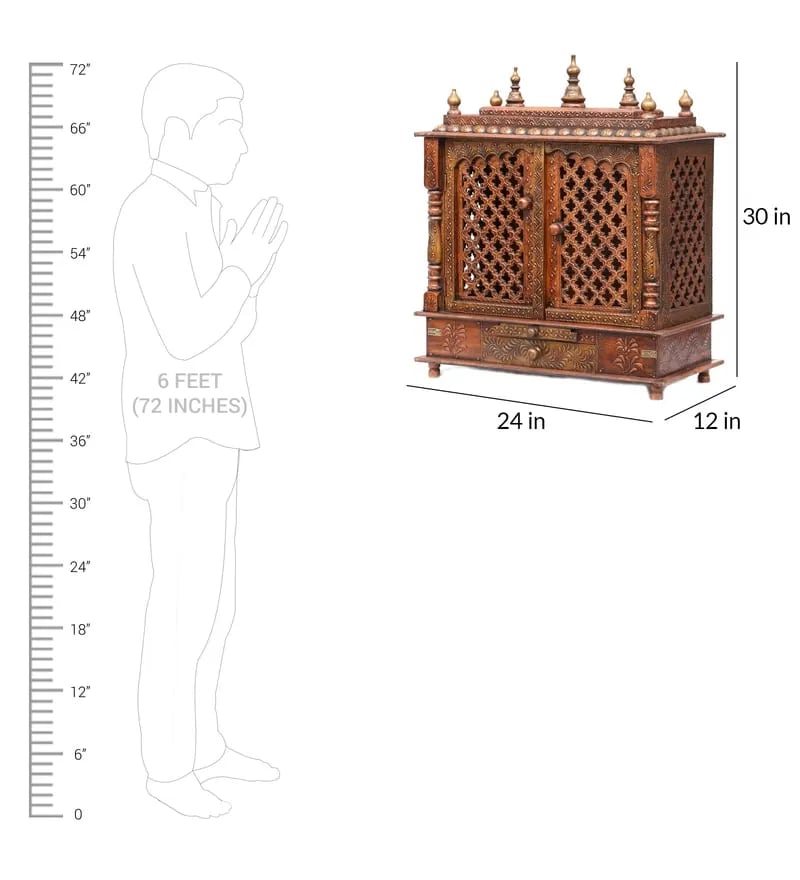Indian Culture Hand Carved Traditional Handmade Wooden Pooja Temple With Door for Daily Prayers (Brown), view 6
