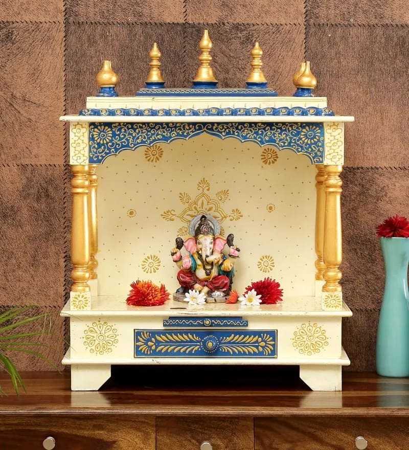 Indian Culture Traditional Handmade Wooden Pooja Temple for Daily Prayers (White)