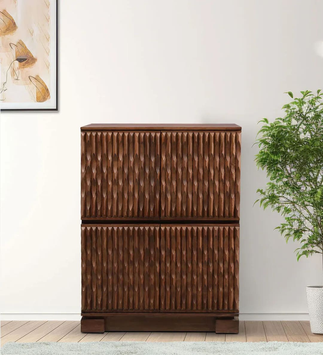 Isak Handmade Teak Wood Bar Cabinet Stylish Liquor and Wine Storage Cabinet for Glasses and Bottles Modern (Walnut Finish)