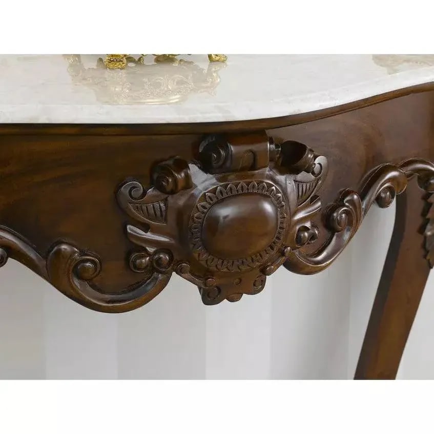 Italian Baroque Style Hand Carved Teak Wood Console Table with Composite Marble Top, view 3