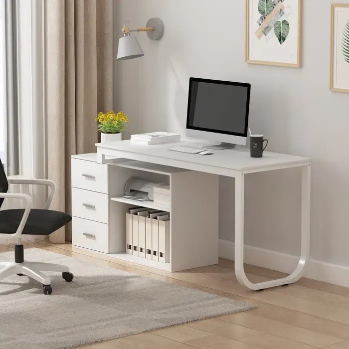 L Shaped Handmade Scholar Study Office Computer Table Desk with Storage for Adults Kids Students (White), view 3