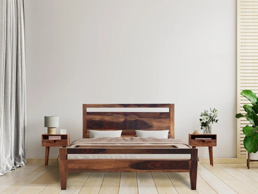 Lima Handmade Teak Wood King Size Plain Bed with 2 Bedside Tables Rustic Bedroom Furniture Set for Hotel Quality Luxury