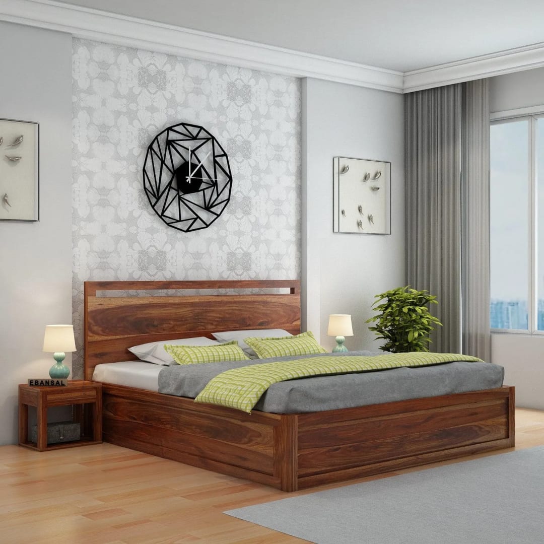 Livinn Teak Wood Hydraulic Storage King Size Bed Modern Space Saving Design with Elegant Finish
