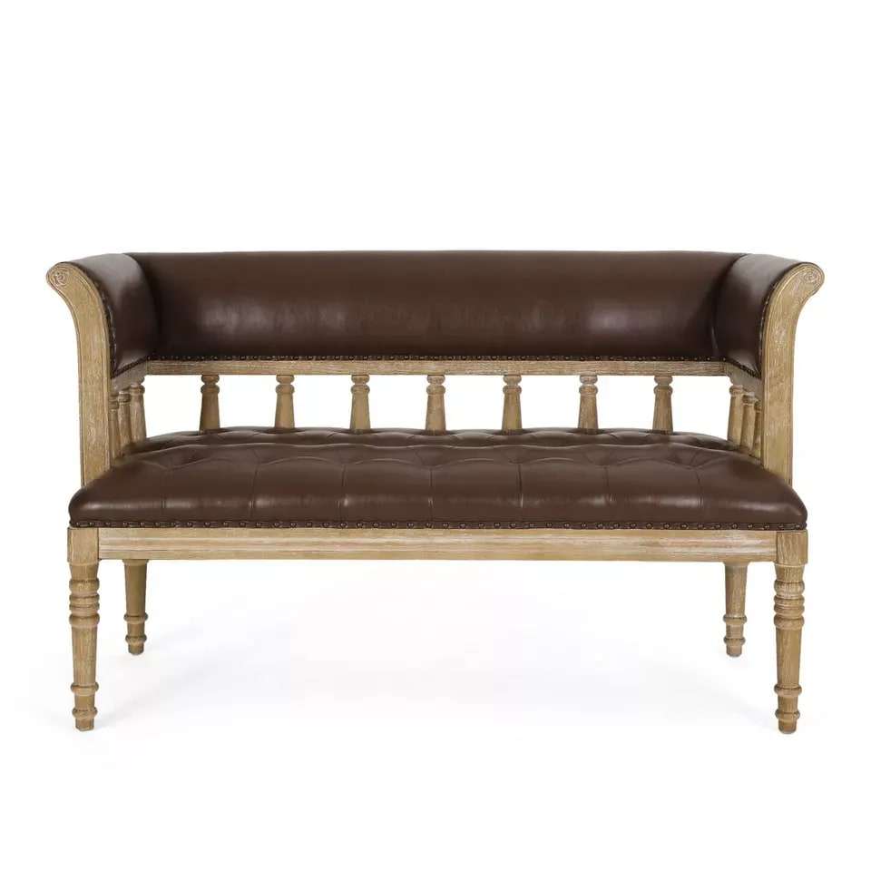 Loveseat Button Tufted Teak Wood Leatherette Upholstered 2 Bench for Living Room and Bedroom, view 2