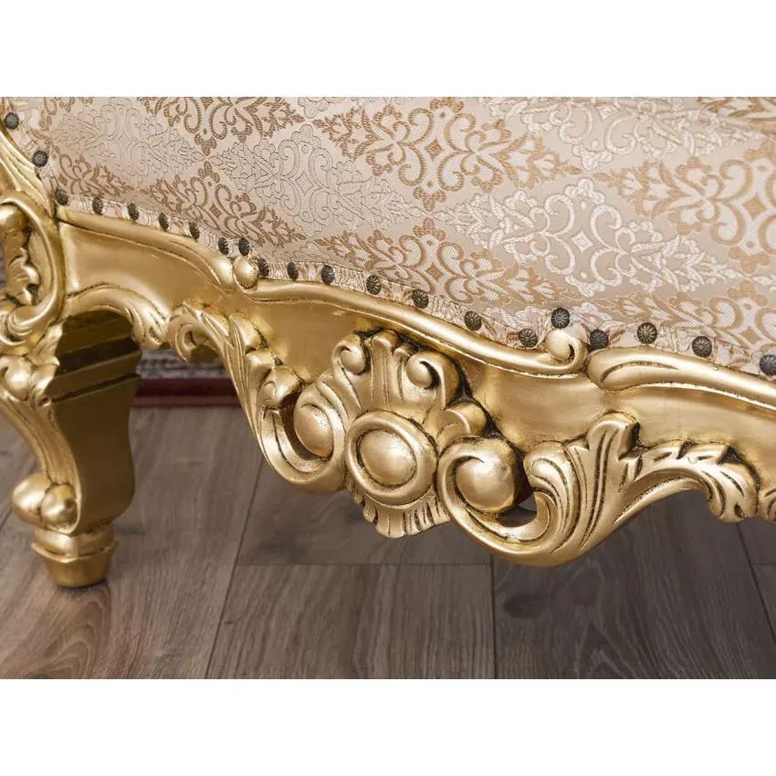 Luxurious Teak Wood High Back Throne Chair Golden Leaf with Damask Fabric, view 2