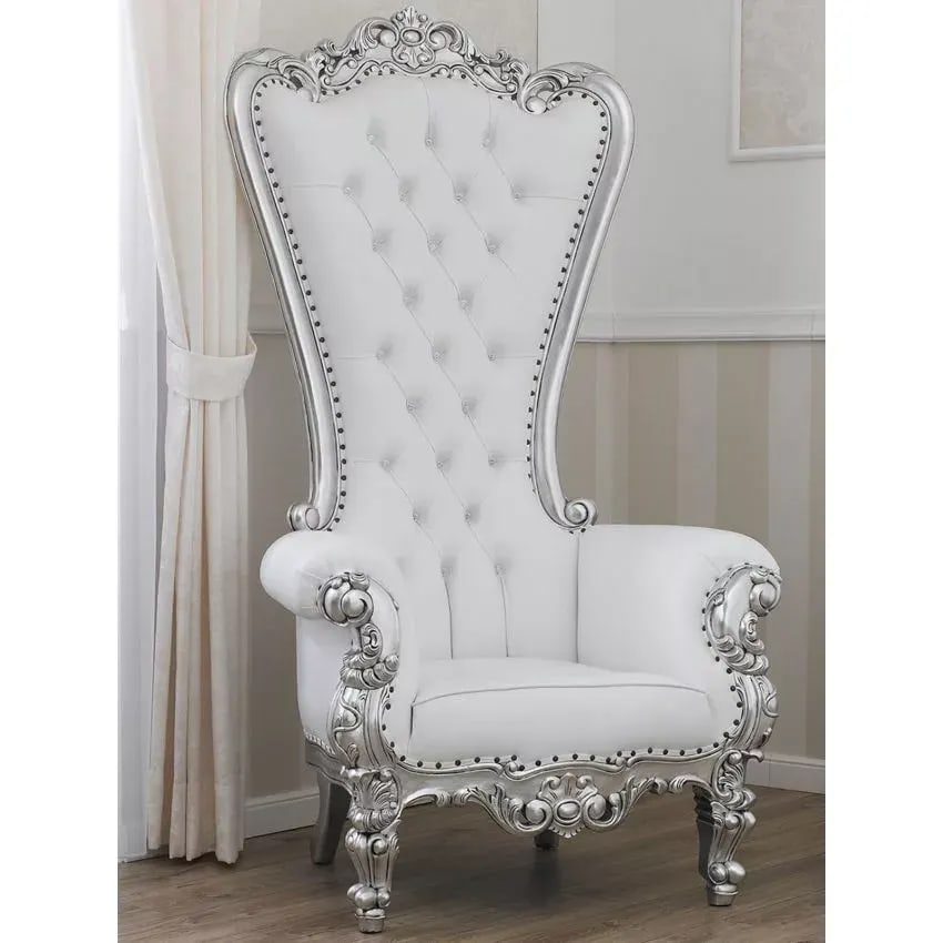 Luxurious Teak Wood High Back Throne Chair Silver Finish with Faux Leather