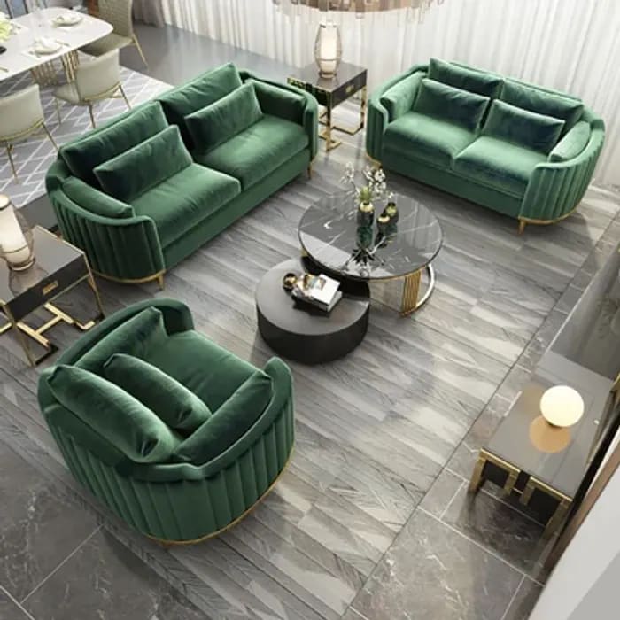 Luxury And Modern Handmade Upholstery Teak Wood 3+2+1 with 2 Round Coffee Table ( Green )