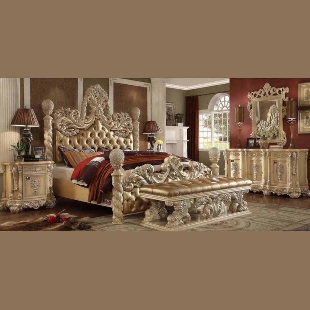 Majestic Teak Wood King Size Bed with 2 Side Tables, 1 Dressing Table, 1 Mirror and 1 Bench Elegant Golden Finish Luxury Bedroom Furniture Set