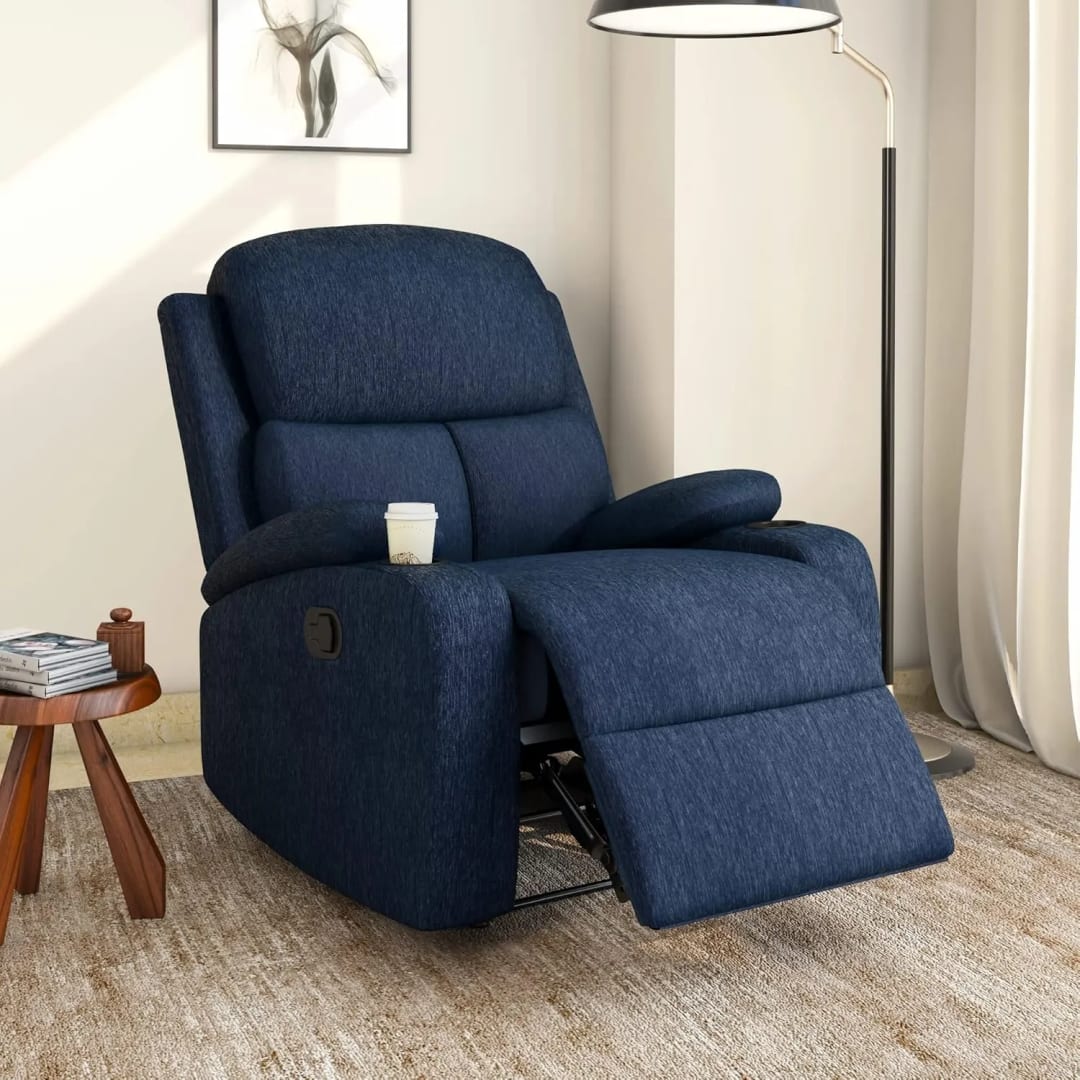Manual Recliner Chair with Cup Holder, Soft Fabric Recliner, Comfortable Living Room Seating (Blue)