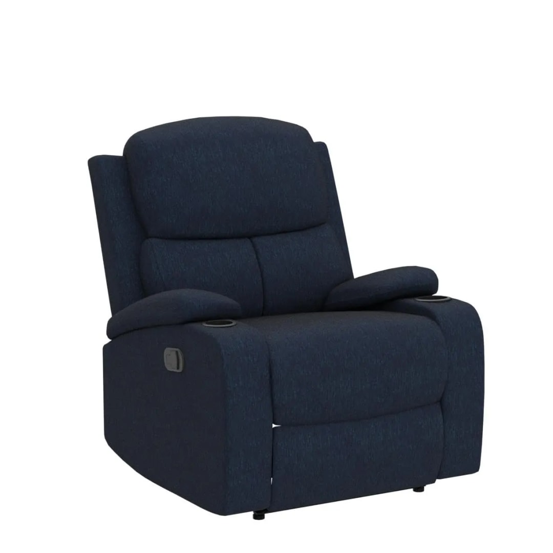 Manual Recliner Chair with Cup Holder, Soft Fabric Recliner, Comfortable Living Room Seating (Blue), view 2