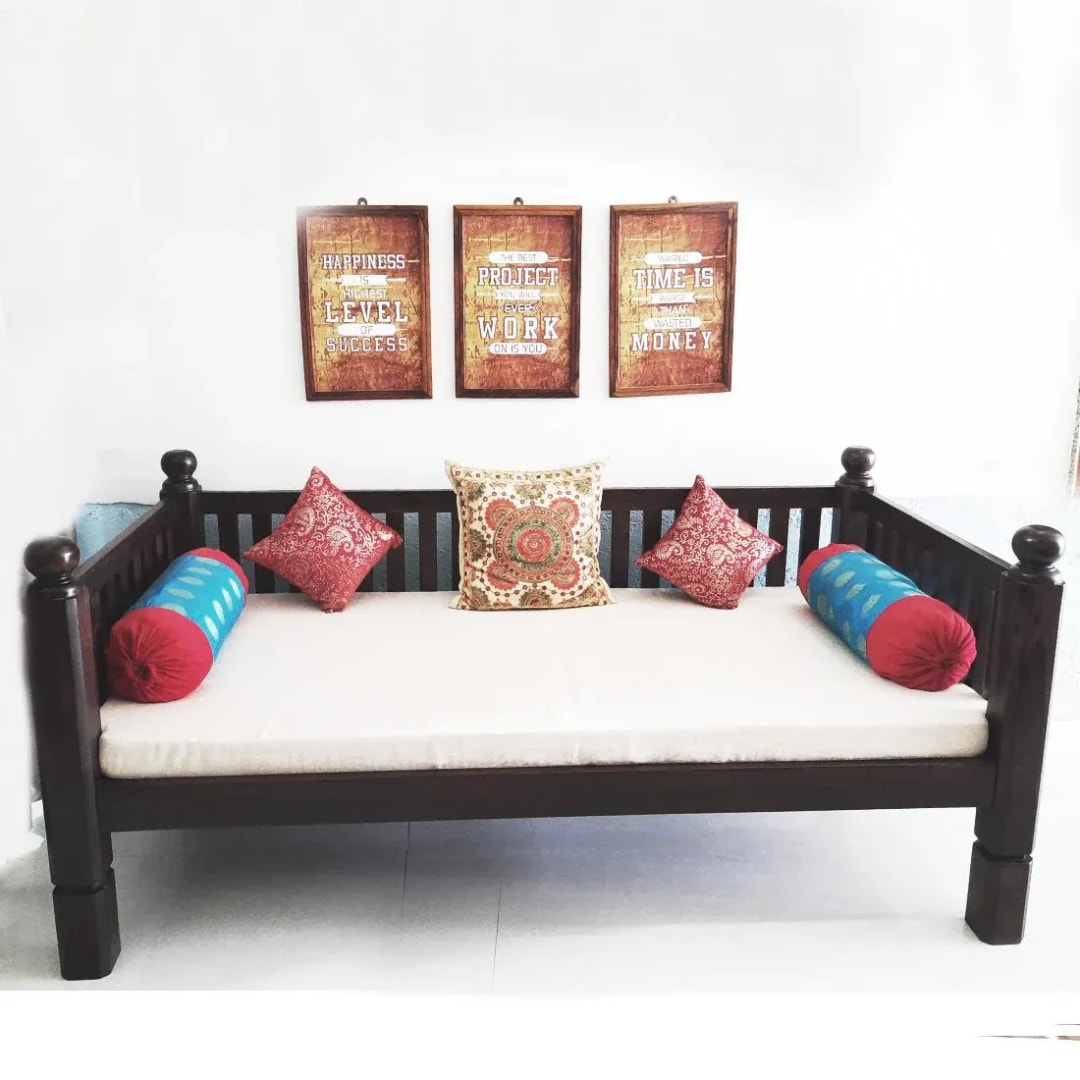 Marigold Handmade Rectangular Teak Wood Diwan Bed for Living Room Bedroom (Walnut Finish)