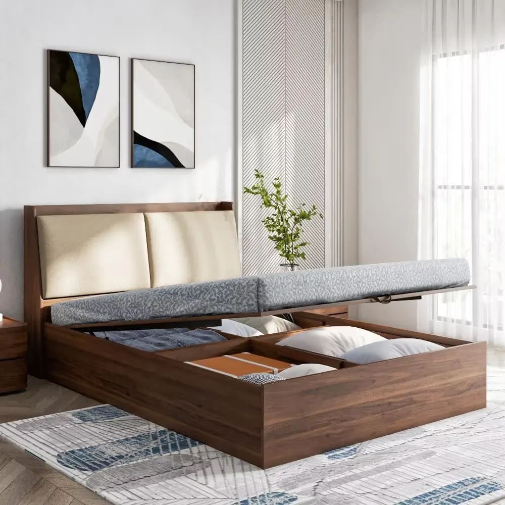 Mars Handmade Premium Teak Wood Hydraulic Storage King Size Bed Modern Space Saving Design with Elegant Finish