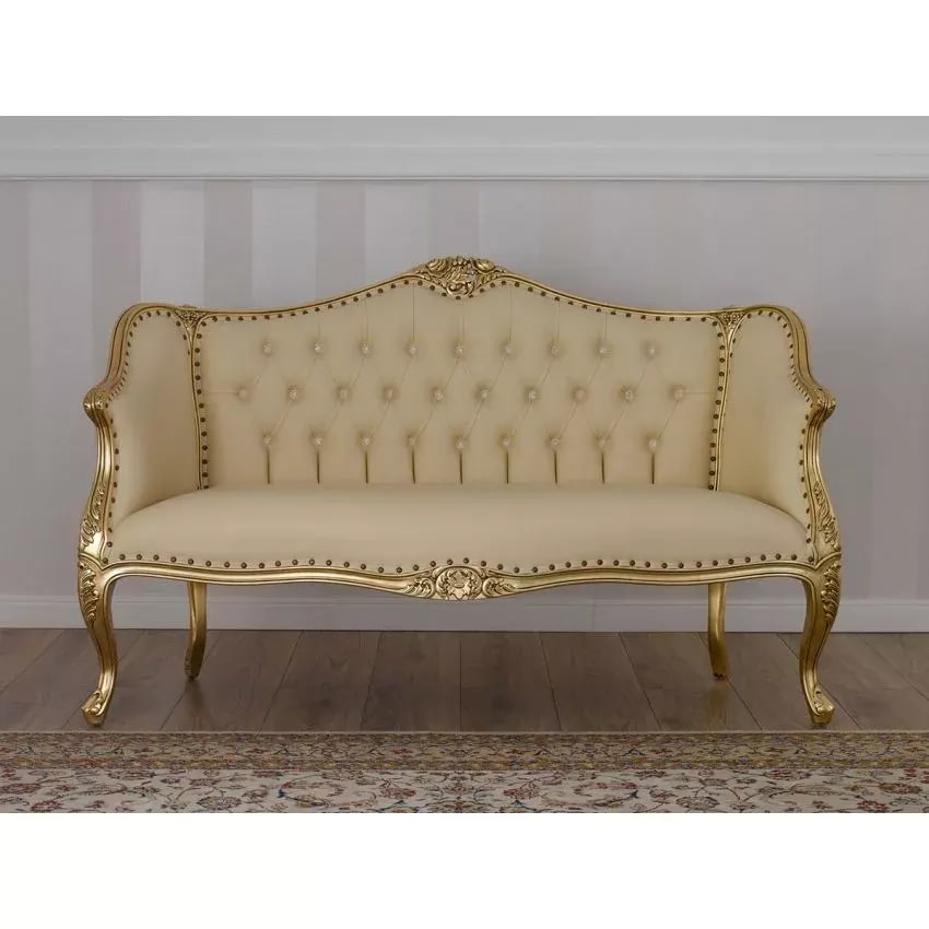 Megan French Baroque Style Teak Wood Button Tufted 2 Seater Chaise Lounge Sofa ( Beige ), view 2