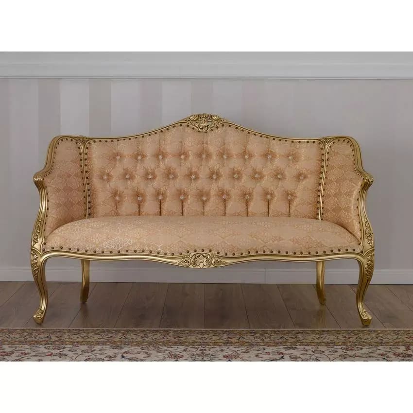 Megan French Baroque Style Teak Wood Button Tufted 2 Seater Chaise Lounge Sofa Golden Finish (Damask), view 2