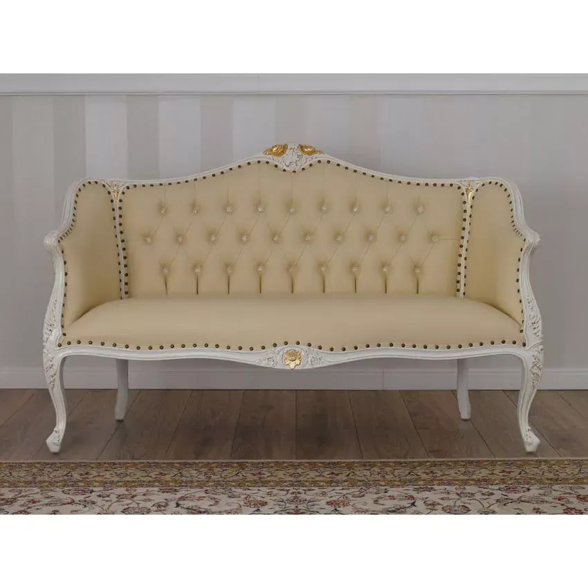 Megan French Baroque Style Teak Wood Button Tufted 2 Seater Chaise Lounge Sofa Ivory and Gold Leaf Champagne, view 2
