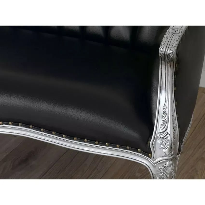 Megan French Baroque Style Teak Wood Button Tufted 2 Seater Chaise Lounge Sofa Silver Finish ( Black ), view 4