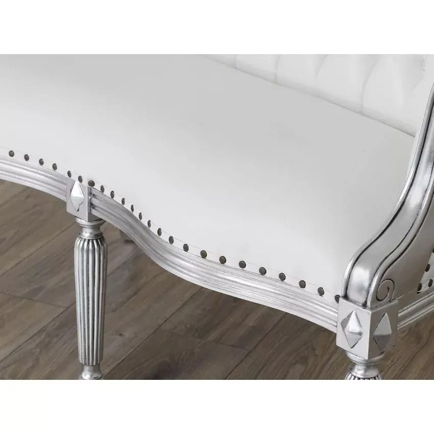 Megan French Baroque Style Teak Wood Button Tufted 2 Seater Chaise Lounge Sofa Silver Leaf ( White ), view 3