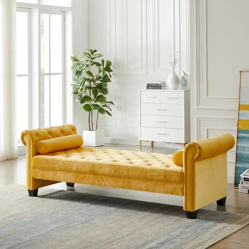 Minorca Entryway Button Tufted Teak Wood 3-Seater Bench with Rolled Arm Velvet Fabric ( Yellow )