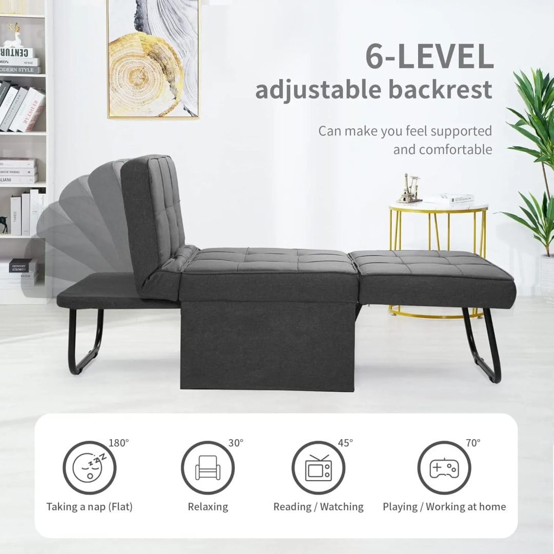Modern Convertible Ottoman Teak Wood & Metal Frame with Adjustable Backrest Breathable Linen Upholstery Multi-Function Folding Sofa Cum Bed, view 5
