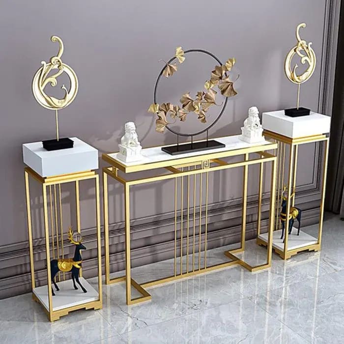 Modern Design Golden Console Table Iron & Marble Like Finish (Set of 3)
