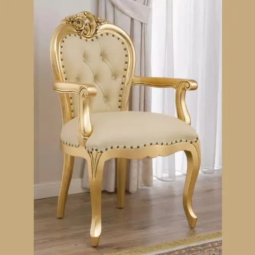 Modern Hand Carved Baroque Glossy and Golden Leaf Faux Leather Crystal Sw Buttons Teak Wood Armchair